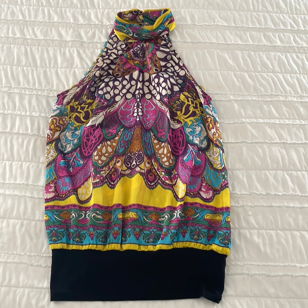 Beautiful vibrant color halter shirt with elastic band bottom and open back